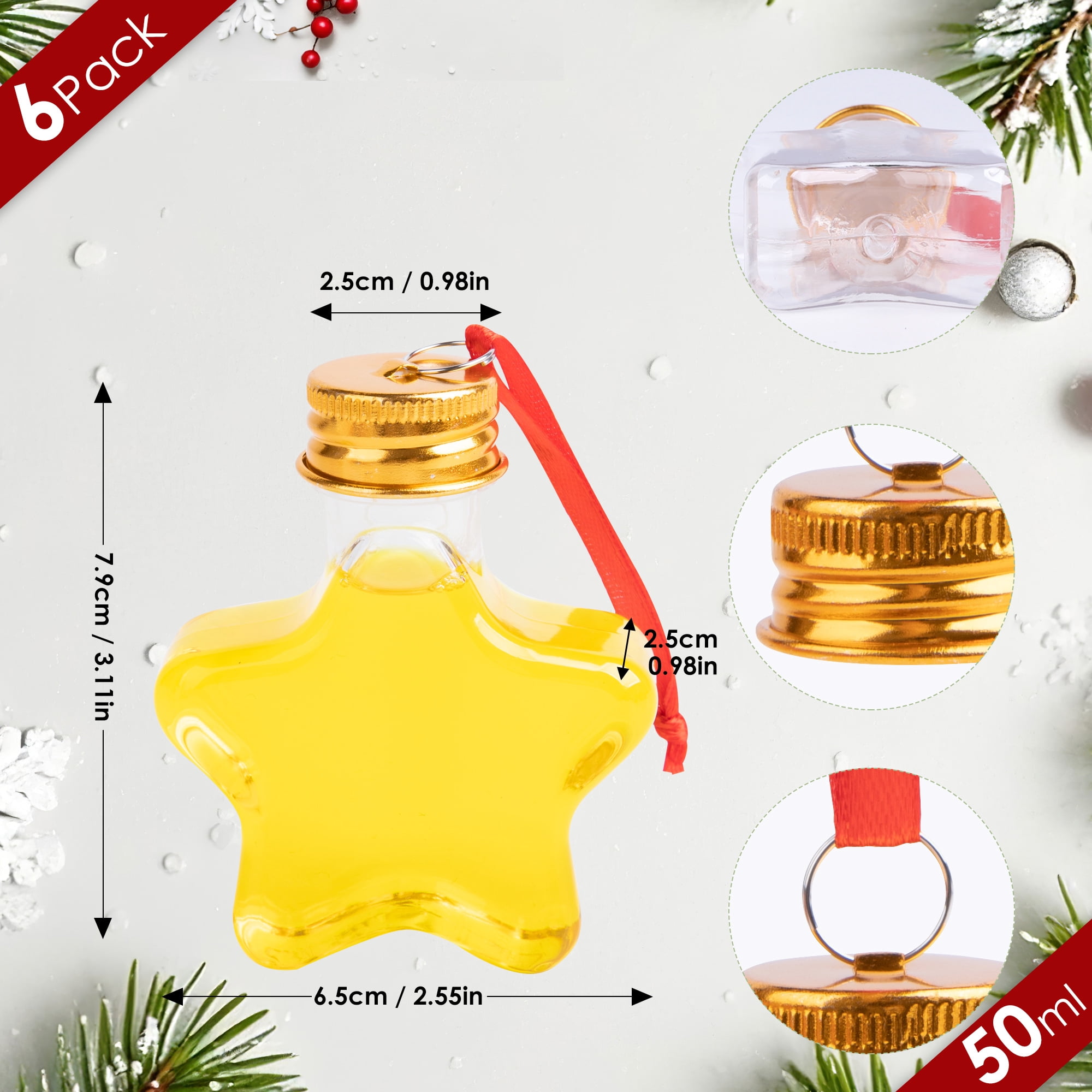 Fillable Christmas Ornament Drink Balls, 6-Pack 50ml Clear Plastic Star-Shaped Hanging Decorations for Holiday Trees and White Elephant Gifts