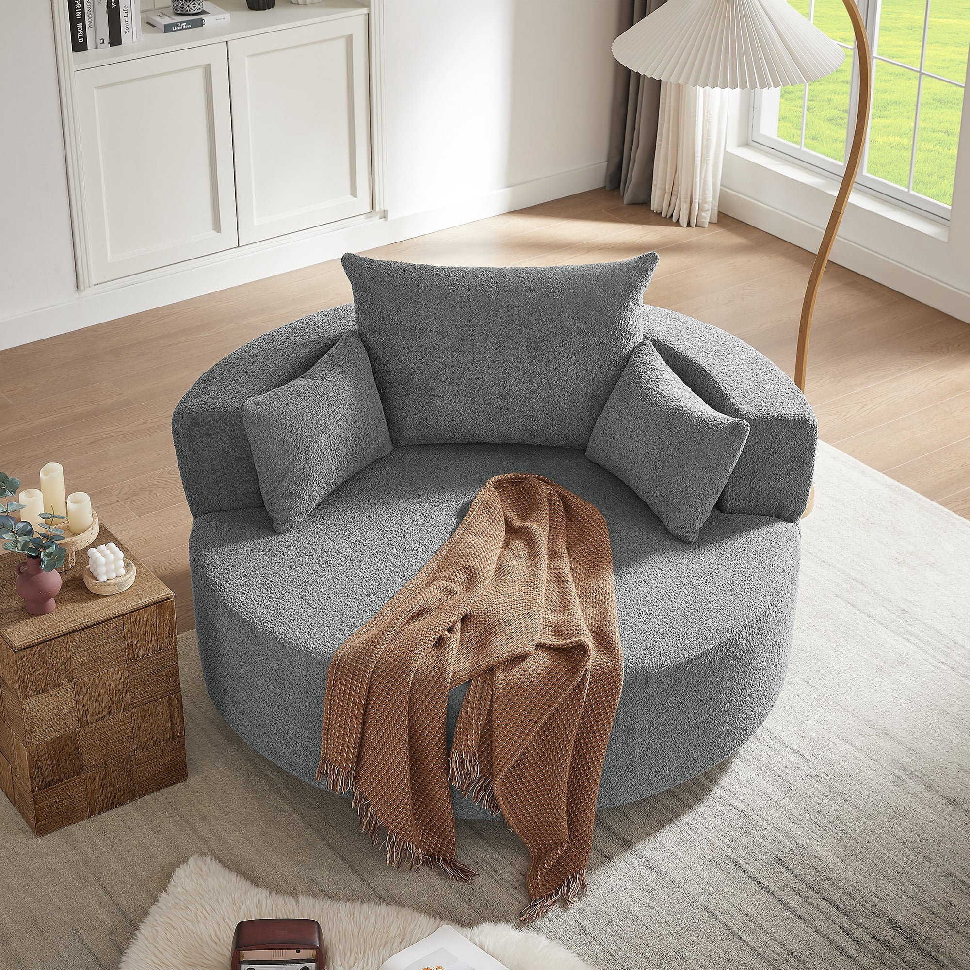 Swivel Round Sofa Couch Sofa Bed,360° Swivel Chair Accent Barrel Chair with 3 Removable Pillows for Living Room, Bedroom,Grey