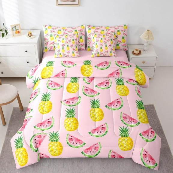 Manfei Watermelon Print Twin Bedding Sets 7-Piece for Kid, Pink Yummy Fruit Bedding Comforter Set, Kawaii Cartoon Pineapple Reversible Sheet Sets, Lightweight Room Decor