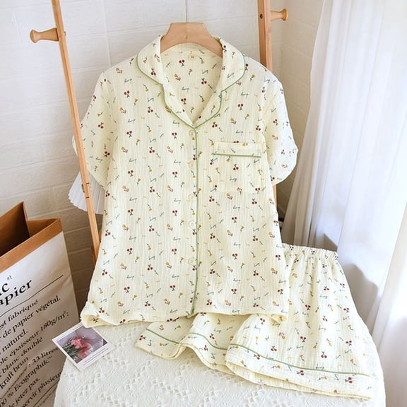 Gunia Pajamas For Women Spring And Summer Thin Breathable And Cool Home Clothes Lapel Short Sleeve Shorts Pajamas Set Sleepwear Pjs M-Xl