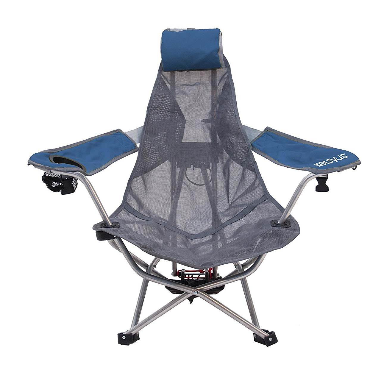 Kelsyus Mesh Folding Portable Backpack Beach Chair with Headrest & Cup Holder for Camping, Tailgates, and Outdoor Events, Blue/Gray