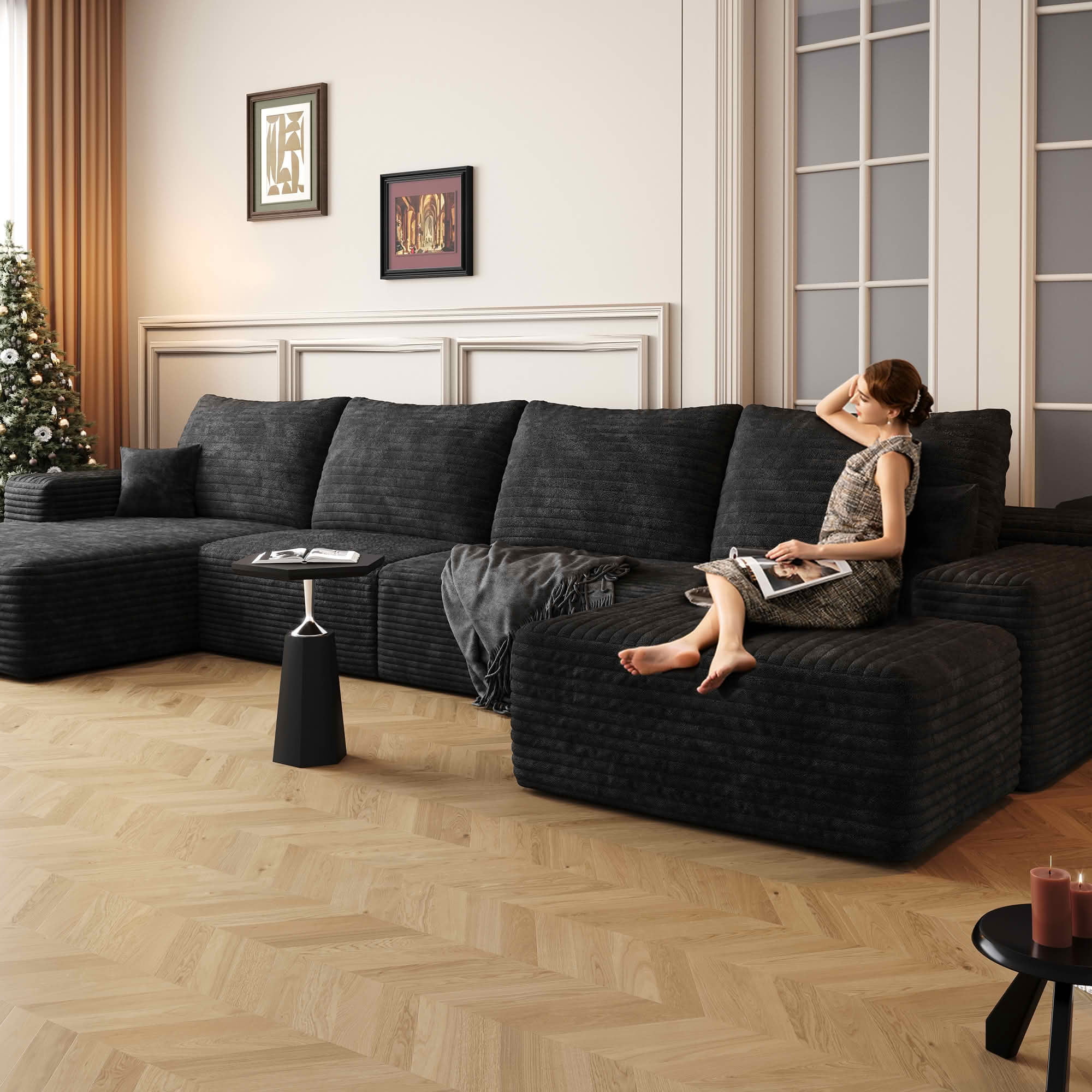 MAYEERTY 135" Cloud Sectional Sofa with Ottoman, U Shaped Deep Seat Couch, Plush Corduroy Fabric, No Assembly Required, Black