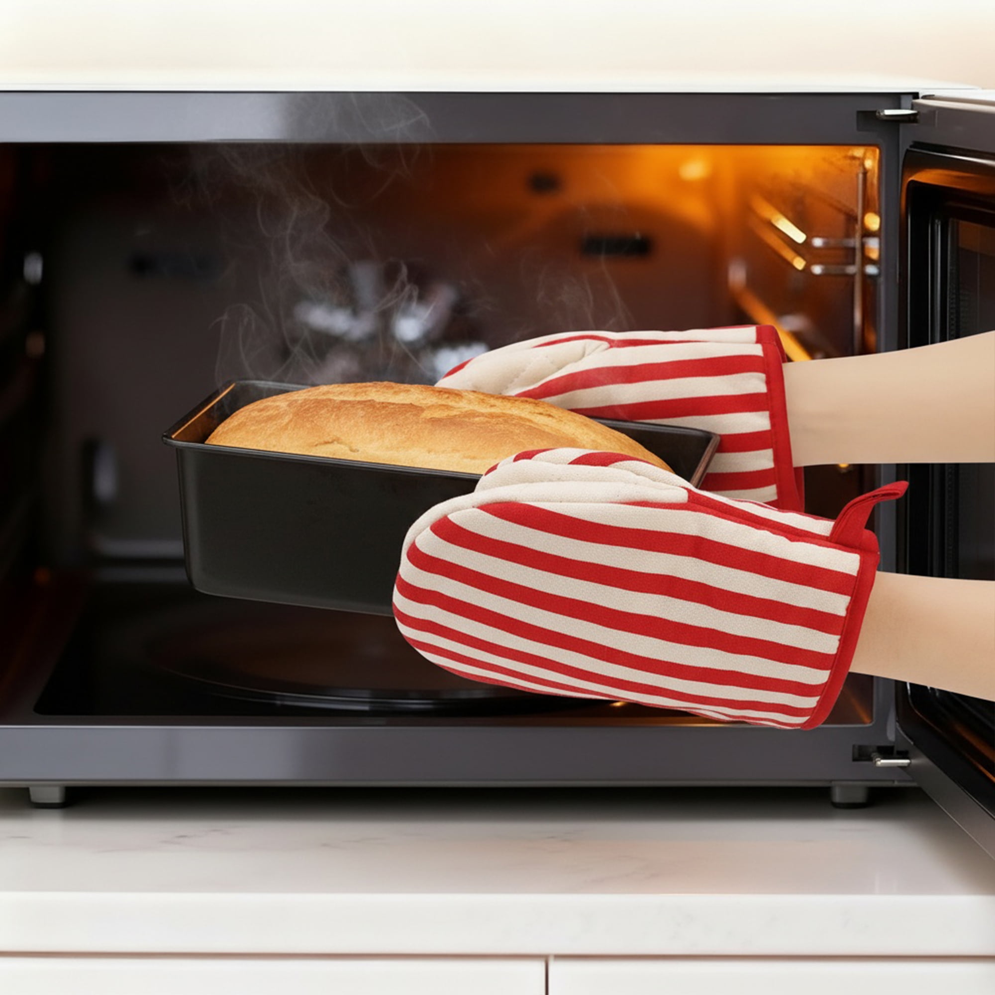 Unique Bargains Oven Mitts Heat Resistant Cooking Gloves Red Stripes 7.1x5.5inch