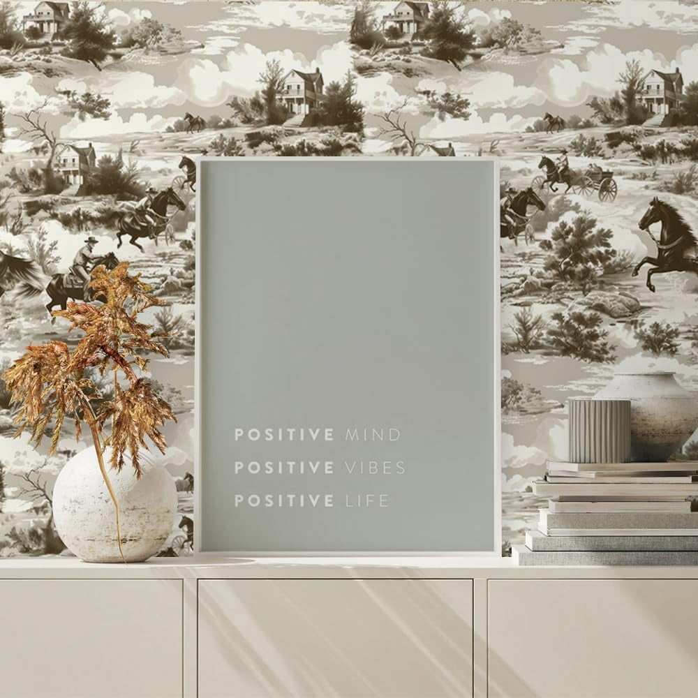 Beige Brown White Western Horse Landscape Peel and Stick Wallpaper Contact Paper Vintage Vinyl Stick on Wall Paper for Bedroom Bathroom Kitchen Cabinet Renter Friendly
