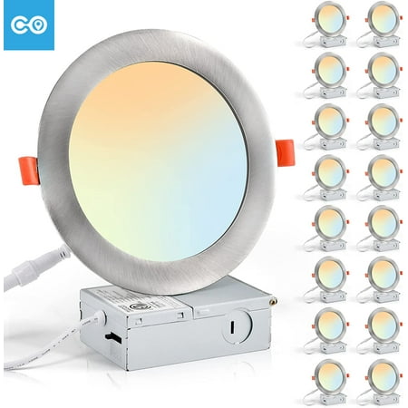

16 Pack 6CCT LED Recessed 6 inch 2500K-5000K Selectable Brushed Nickel Recessed Lights 1100LM High Brightness 12W Eqv 110W Dimmable Can Lights with Junction Box - IC Rated ETL