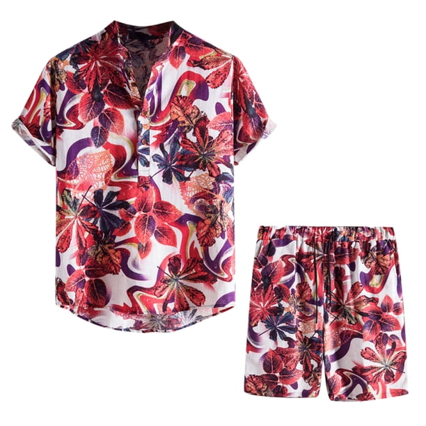 Hombres Casual Turndown Botones Floral Pullover Camisa de manga corta de lino Blusa y pantalones Traje Pompotops oipoqjl35270