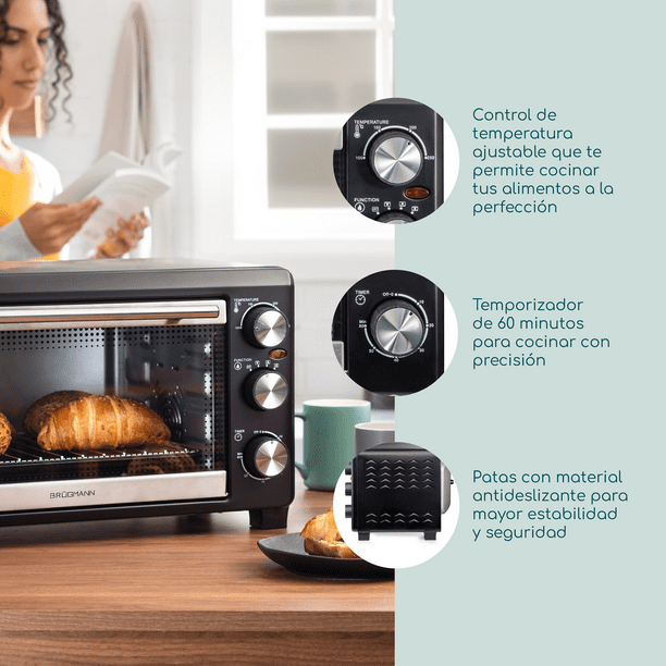 Horno Eléctrico Brügmann 1500W, 25 L de Capacidad, Temporizador Temperatura  y Rejillas Ajustables para Hornear, Asar o Tostar Brügmann Brügmann Horno 