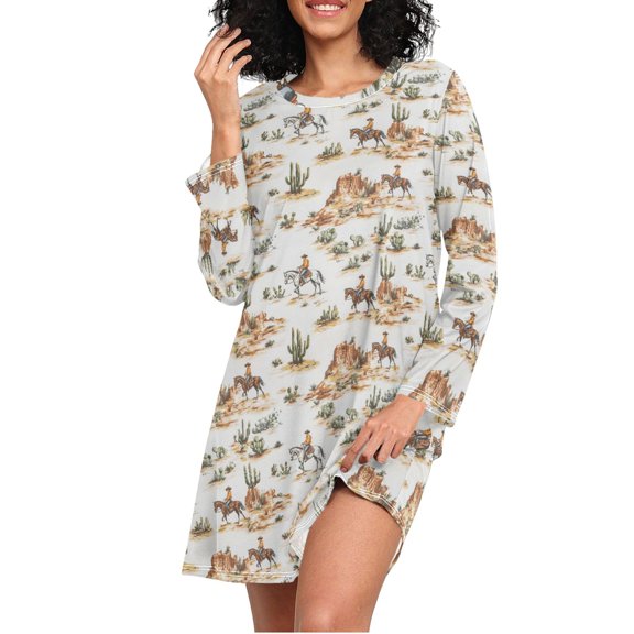 joogoo Western Cowboy Horses Women's Long Sleeve Nightgown Sleepwear L