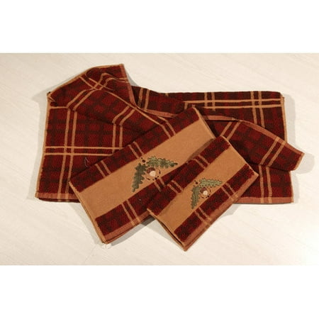 HiEnd Accents Embroidered Acorn Plaid 3 Piece Towel Set