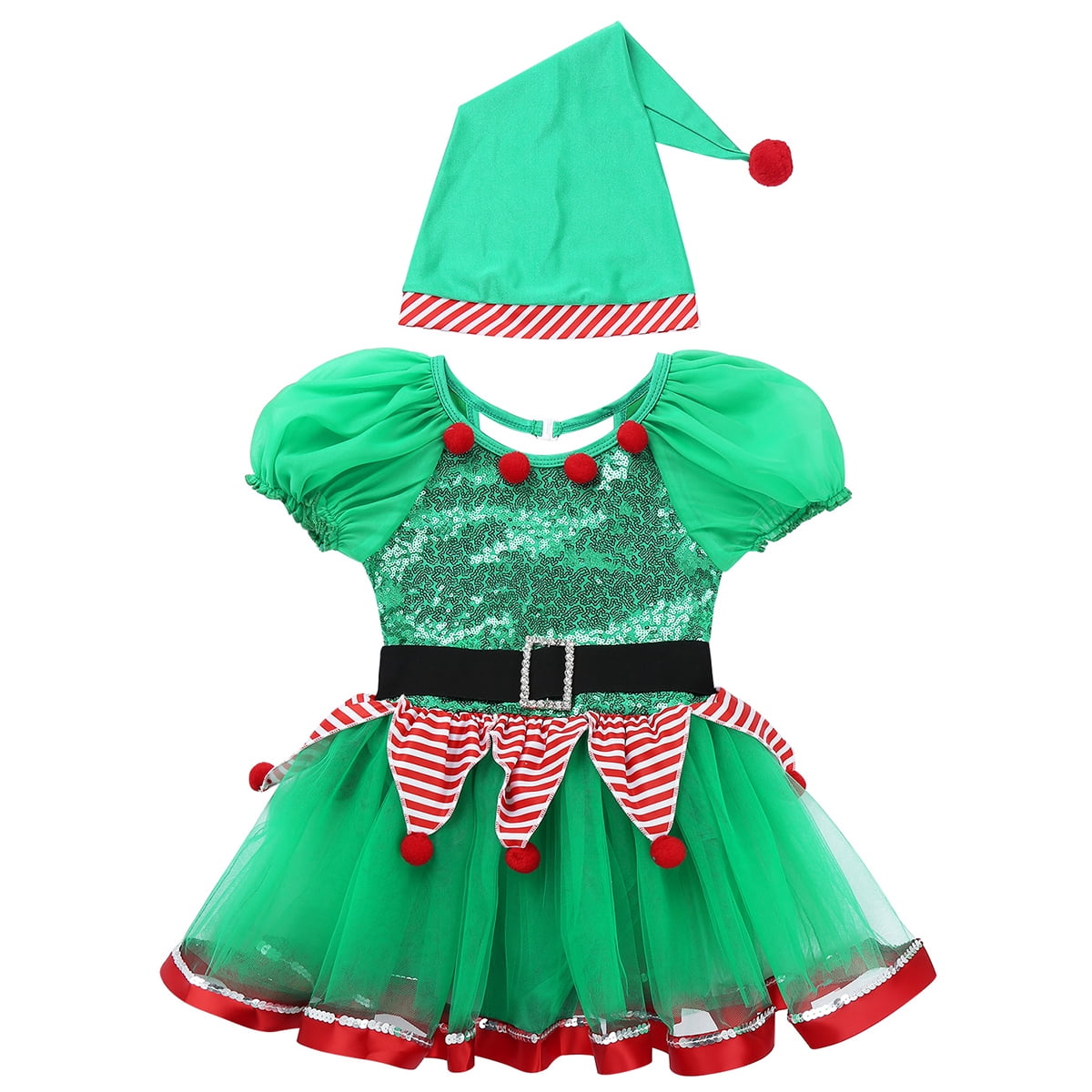 YiZYiF Kids Girls Christmas Elf Costume Figure Ice Skating Ballet Dance Tutu Dress with Hat Dancewear Green 12