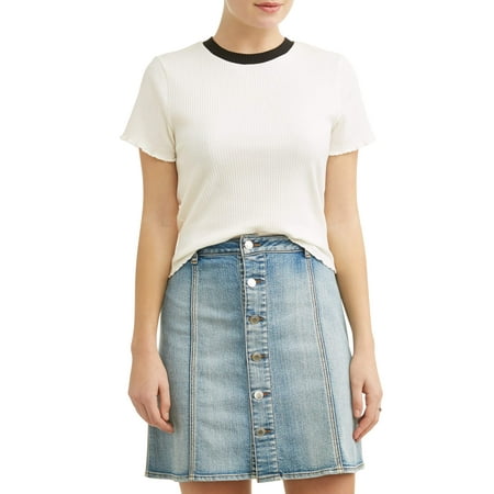 - Juniors' Contrast Ringer Rib Knit Short Sleeve T-Shirt