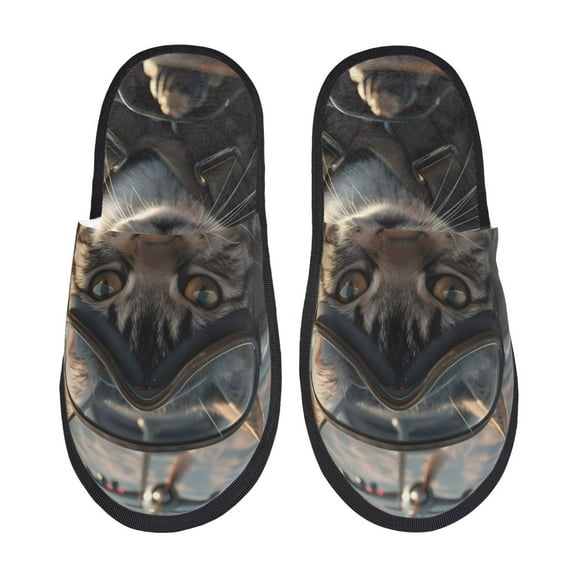 Naloa Pilot Cat In Vintage Plane Print Indoor Fuzzy Slippers,Memory Foam Slippers,House Slippers,Warm Fuzzy Comfy House Shoes-Medium