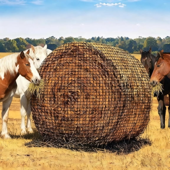Rugerasy 6x6 Ft Large Round Bale Hay Net,Heavy Gauge Knotless Slow Feed Hay Net with 2 in Holes,Perfect for Livestocks,Cattle,Sheep in Farms and Pastures,Black