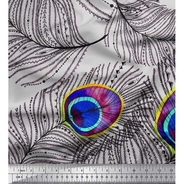 Soimoi polyester Crepe Fabric Peacock Feather Print Sewing Fabric Yard 42 Inch Wide