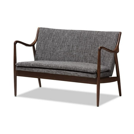 Baxton Studio Shakespeare Mid-Century Modern Walnut Wood Grey Fabric Upholstered 2-seater