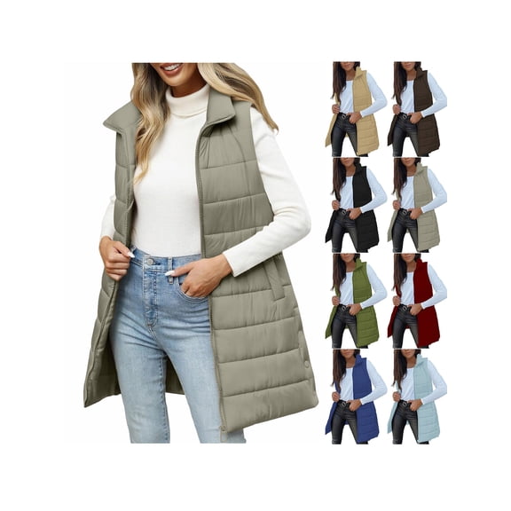 ZUBMGKTE Long Puffer Vest Women with Pockets Lightweight Packable Sleeveless Vest for Spring, Fall & Winter