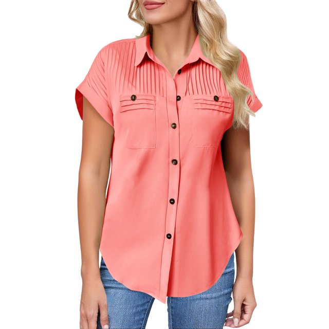 Breezora Unique Ladies Short Sleeve Shirt with a Detailed Buttoned Lapel and Functional Pleated Pocket Design Offering a Smart Casual Look for Work or Leisure L Size Orange