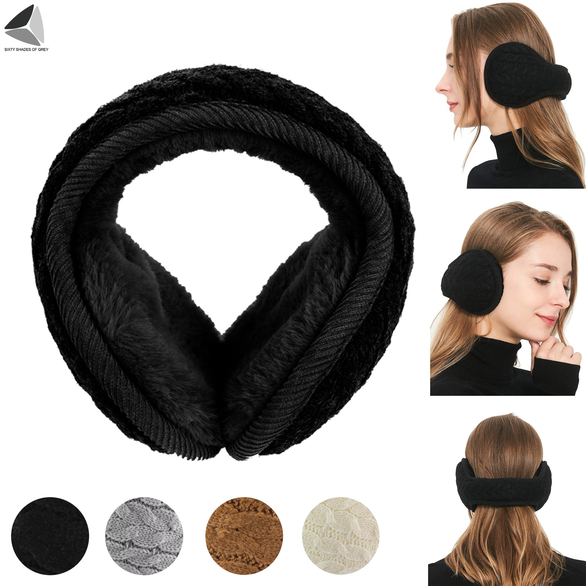 2 Pieces Foldable Ear Warmers for Women Men Adjustable Knitted Earmuffs Furry Fleece Lining Cable Unisex Ear Cover Winter Accessories 