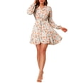 thumbnail image 2 of INSPIRE CHIC Women's V Neck Floral Print Elastic Waist Button Down A-Line Mini Midi Dress L Beige, 2 of 7