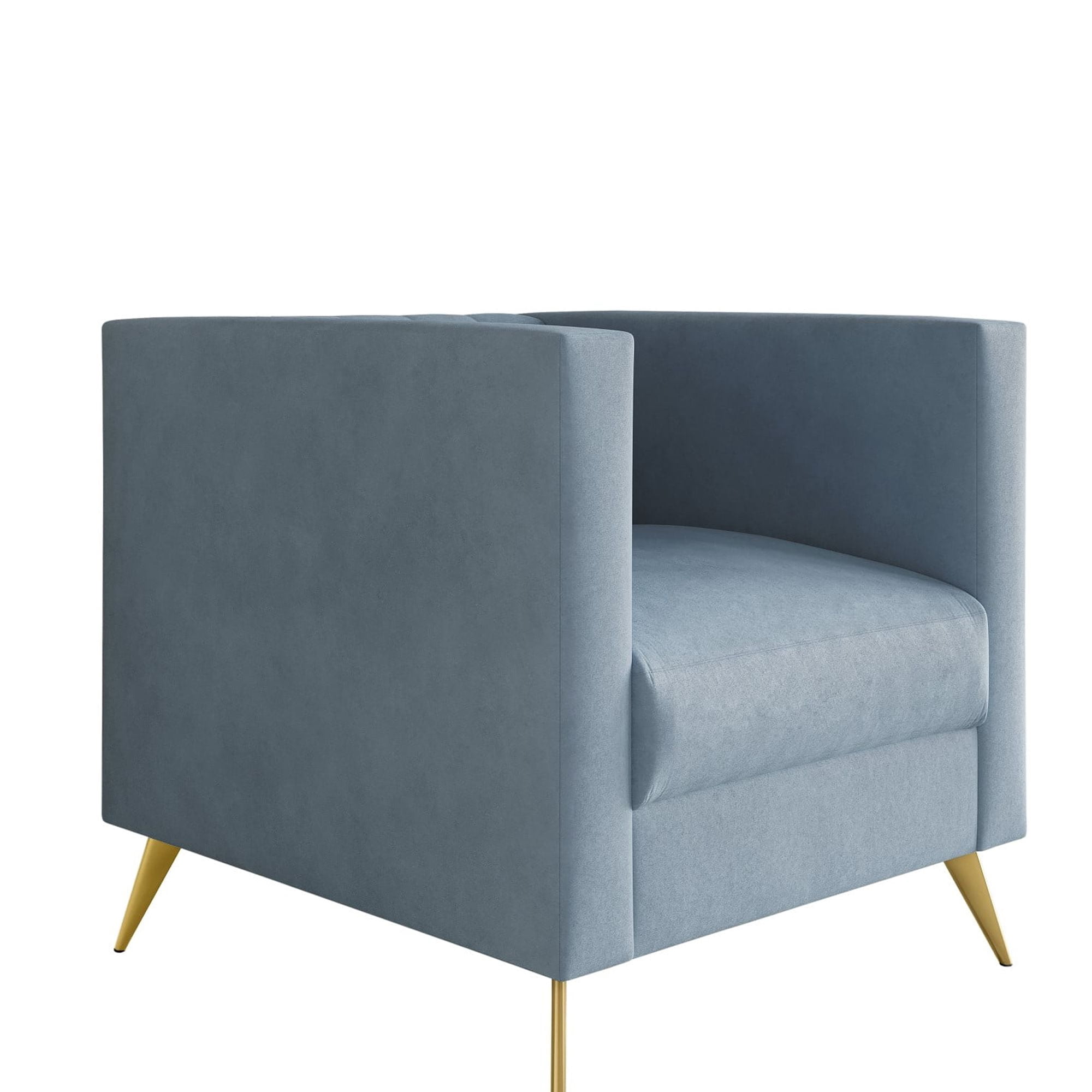 Home Design Weiss Velvet Square Arm Chair with Channel-Tufted Back and Gold Metal Legs, Modern Upholstered Living Room Seating, Blue