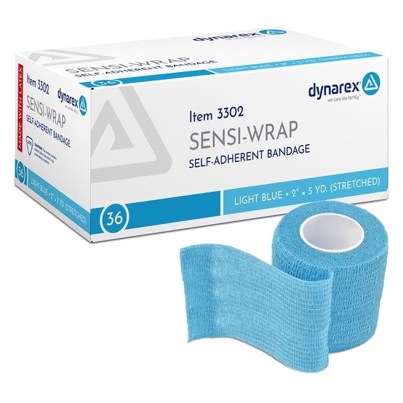 Dynarex Sensi-Wrap Self-Adhesive Bandages, 36-Pack, 2" x 5 yards, Light Blue, Latex, Colored Elastic Cohesive Athletic Tape, Tattoo Grip & Vet Wrap