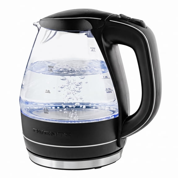 OVENTE 1.5L Glass Electric Kettle Water Boiler, Black KG83B, Fast Boiling, Borosilicate Glass, BPA-Free, Blue LED, Auto Shut-Off, Boil-Dry Protection, Removable Filter, 360° Base, 1100W