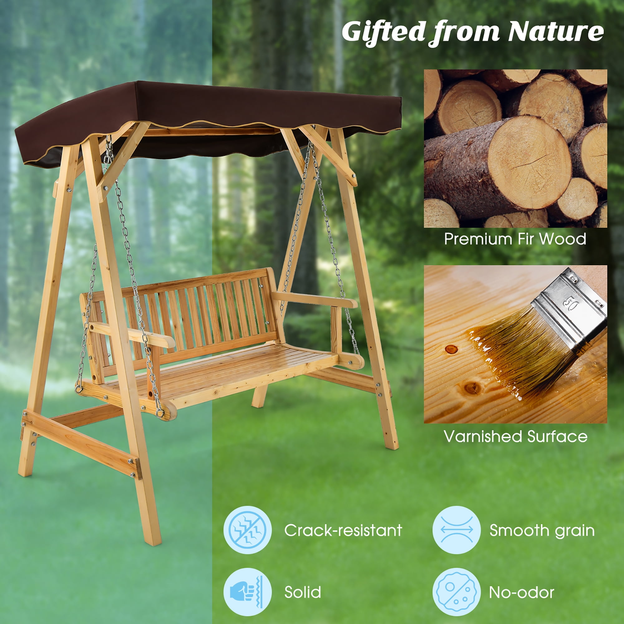 Costway 2 Person Wooden Garden Canopy Swing A frame with Weather