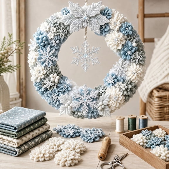 Punch Needle Wreath DIY Kit, Complete Fabric Wreath Making Kit with Punch Tool & Pre-cut Flowers, Winter Theme Home Decor Craft Set for Adults & Beginners