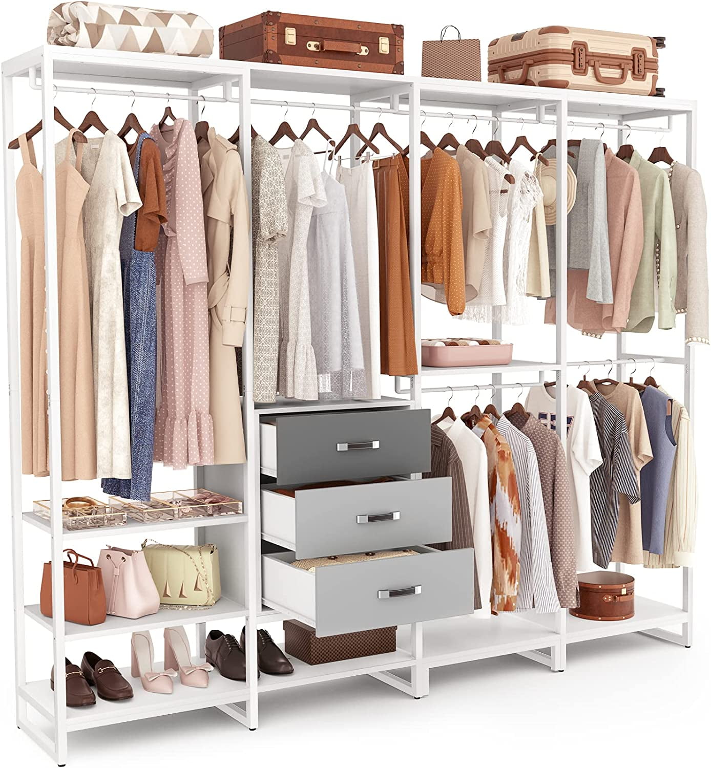 Homieaay Large Closet System, Heavy Duty Clothes Rack with 3 Wood