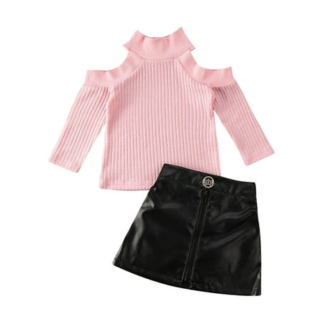 

Yinyinxull Kids Baby Girl Clothes Long Sleeve Turtleneck Tops PU Mini Skirt Outfit Clothes Pink 3-4 Years