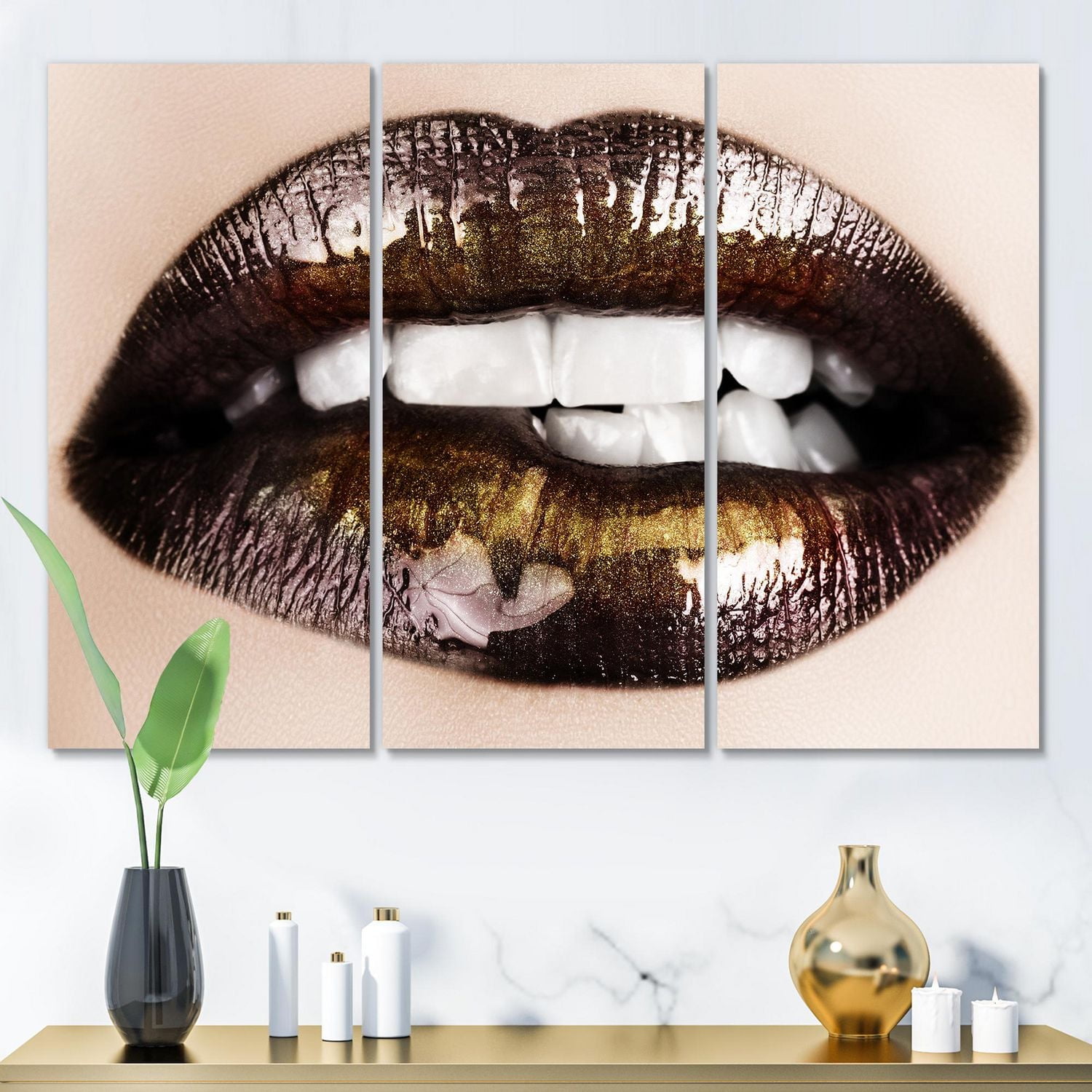 Designart Black Gold Lips Biting Canvas Wall Art