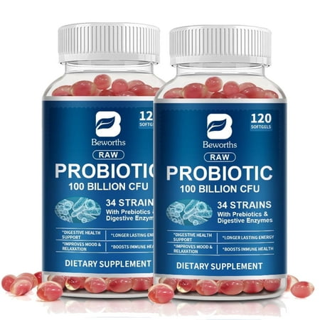 (2 Pack)Organic Prebiotics Supplement,100 Billion CFU & 34 Strains for Digestive & Gut Health,120 Ct