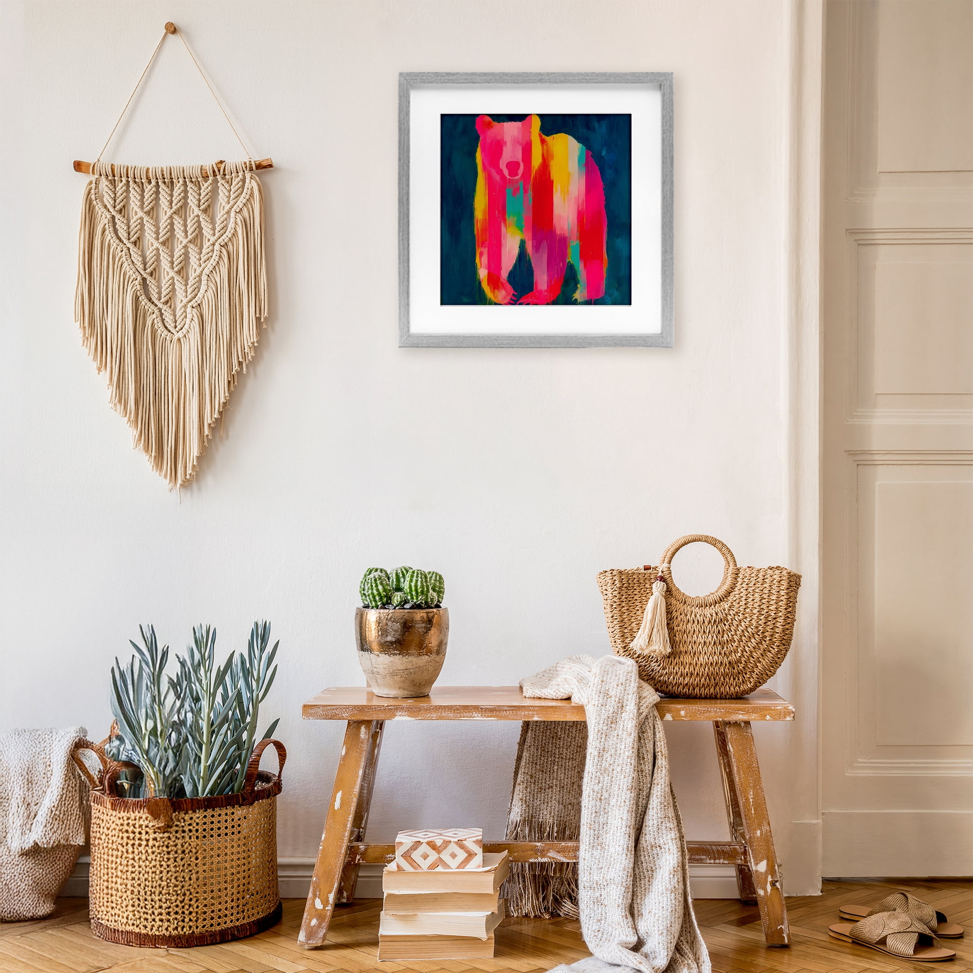 Stupell Industries Pink & Yellow Bear Standing Tall Gray Framed Print Under Glass, design by Chromatic Storm Studio