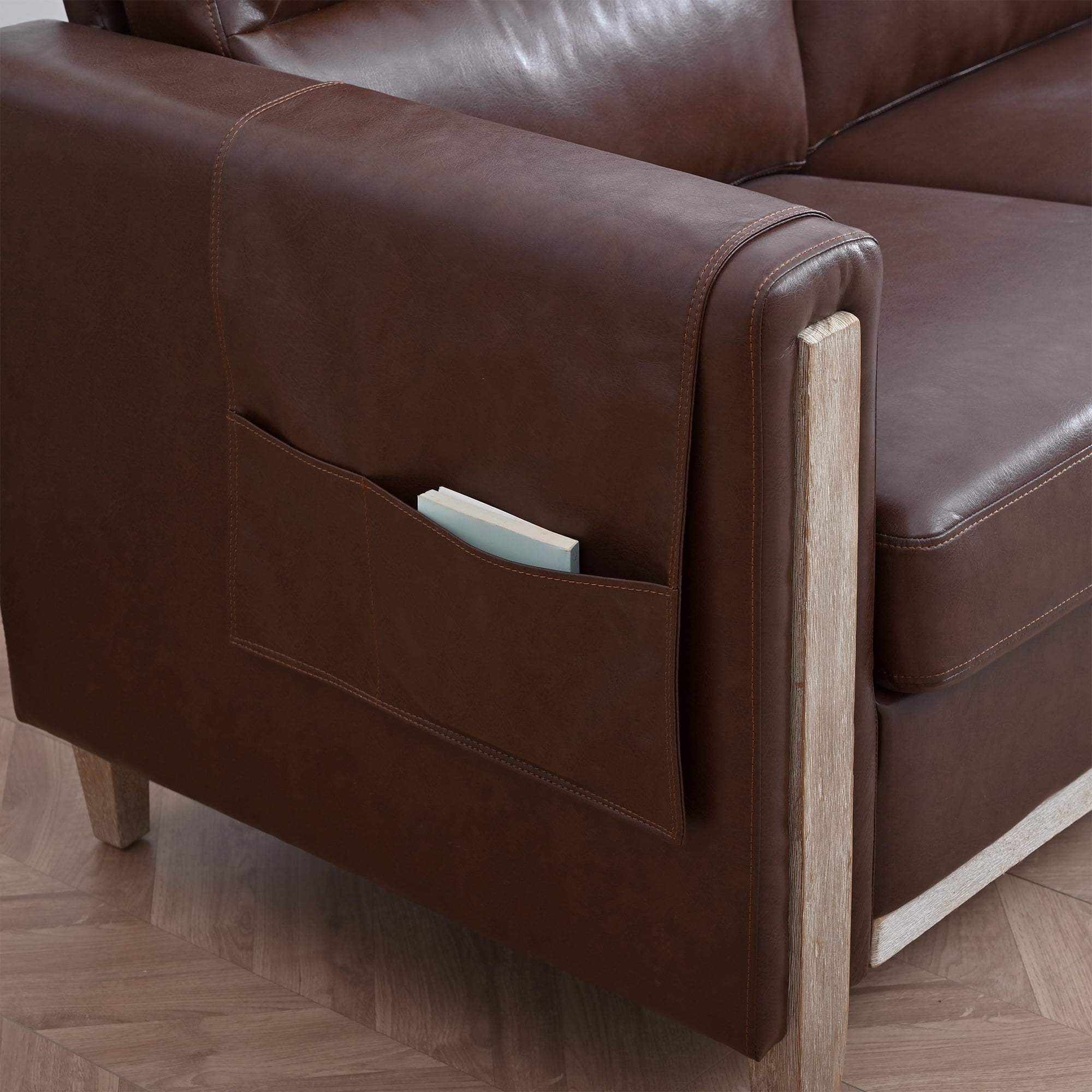 PU Leather 3 Seater Sofa,79.5" Mid Century Modern Upholstered Sofa Couch with 2 Side Storage Pockets,for Living Room,PU Brown