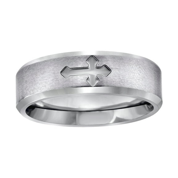 Stainless Steel Mens Center Brushed Religious Faith Cross Beveled Edges Comfort-fit Fashion Band Ring Size 14 Wedding Ba