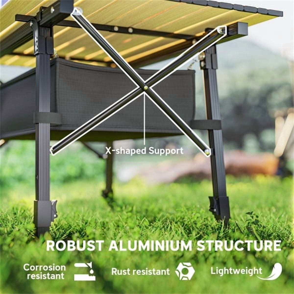 Folding Table with Storage Basket, 26" Adjustable Height Portable Camping Table Aluminum Foldable Dining Table for Outdoor Indoor, Black & Wood Color