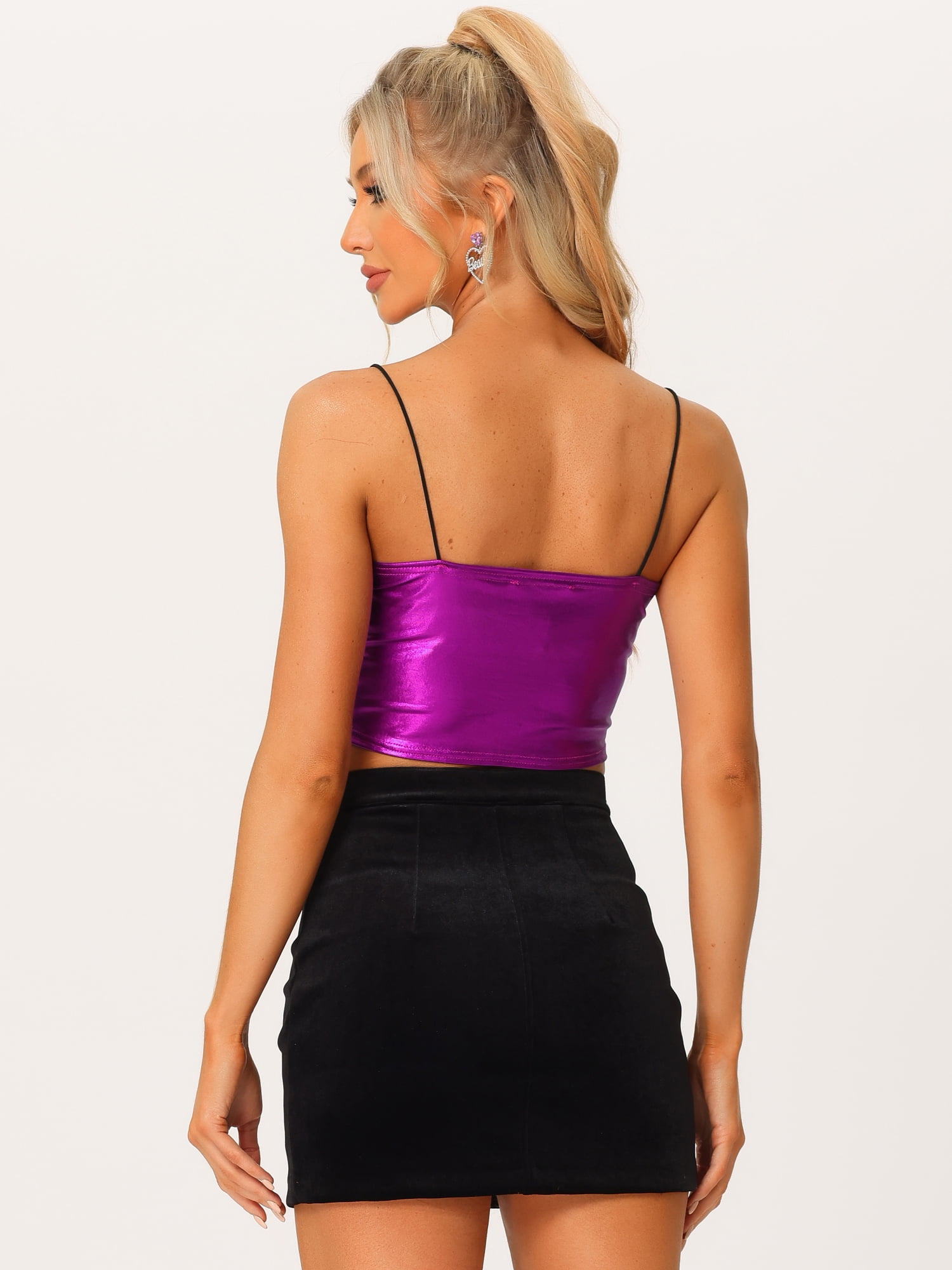 DARIGN DIVA Women's Sparkly Shiny Metallic Crop Cami Tops XL Purple
