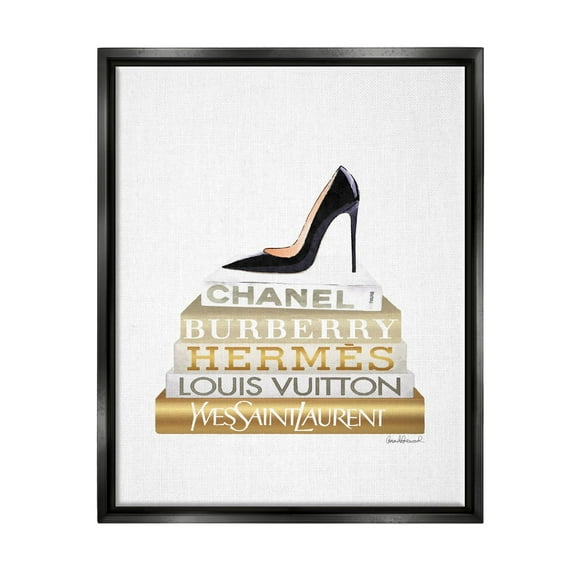 Stupell Industries Black Heels Gold White Bookstack Glam Fashion Design Jet Black Framed Floating Canvas Wall Art, 16x20, by Amanda Greenwood