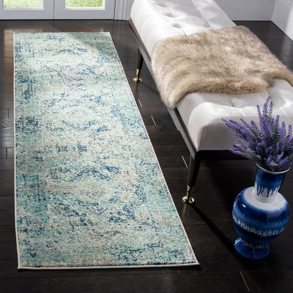 SAFAVIEH Madison Willoughby Overdyed Floral Runner Rug, Ivory/Blue, 2'3" x 10'