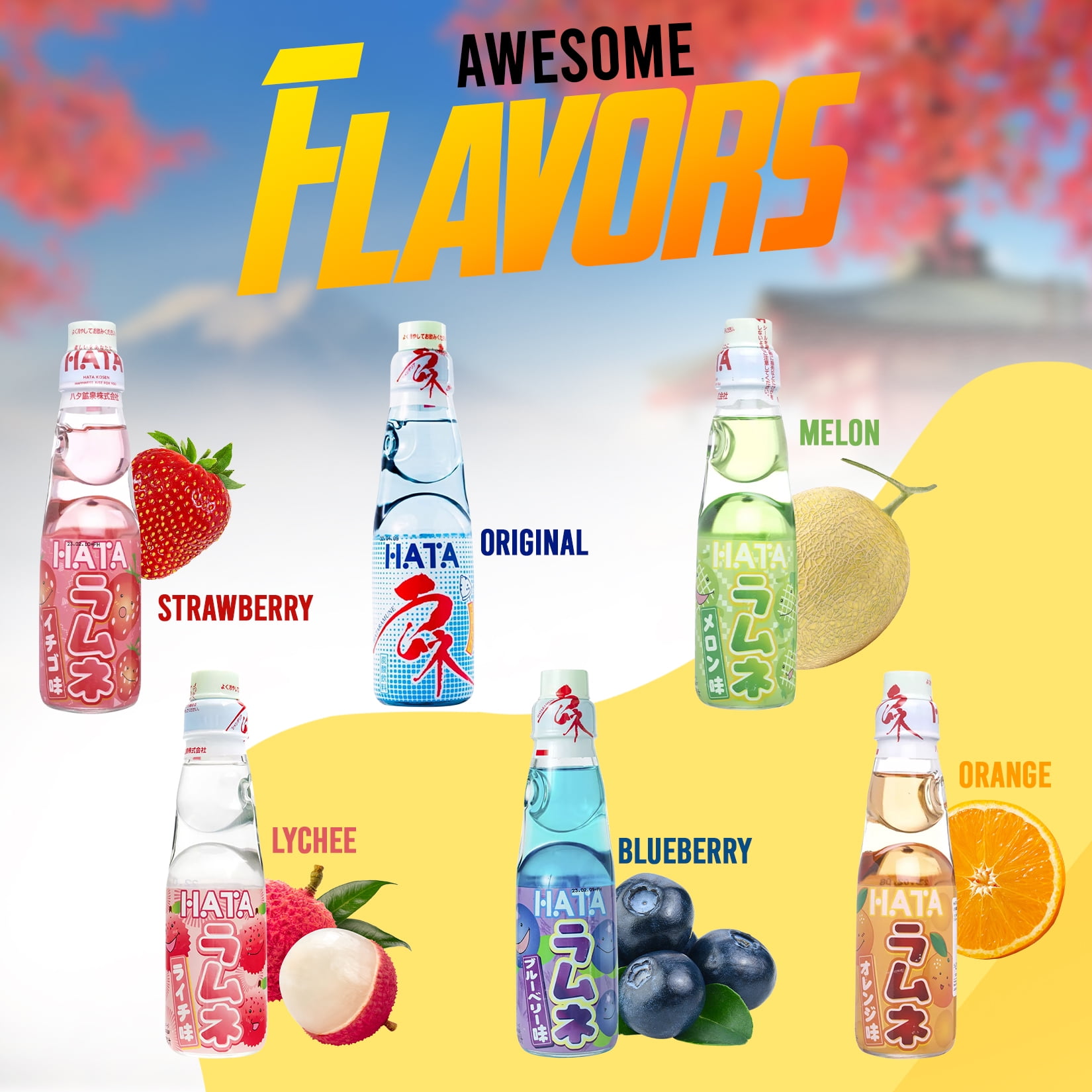 Fusion Select Ramune Japanese Soda - Classic Carbonated Japanese Drinks - Fizzy Ramune Soda Drink from Japan in Codd-Neck Bottles with Marble Stoppers - 6.76 oz, 6-Pack (6Bottle- Variety)