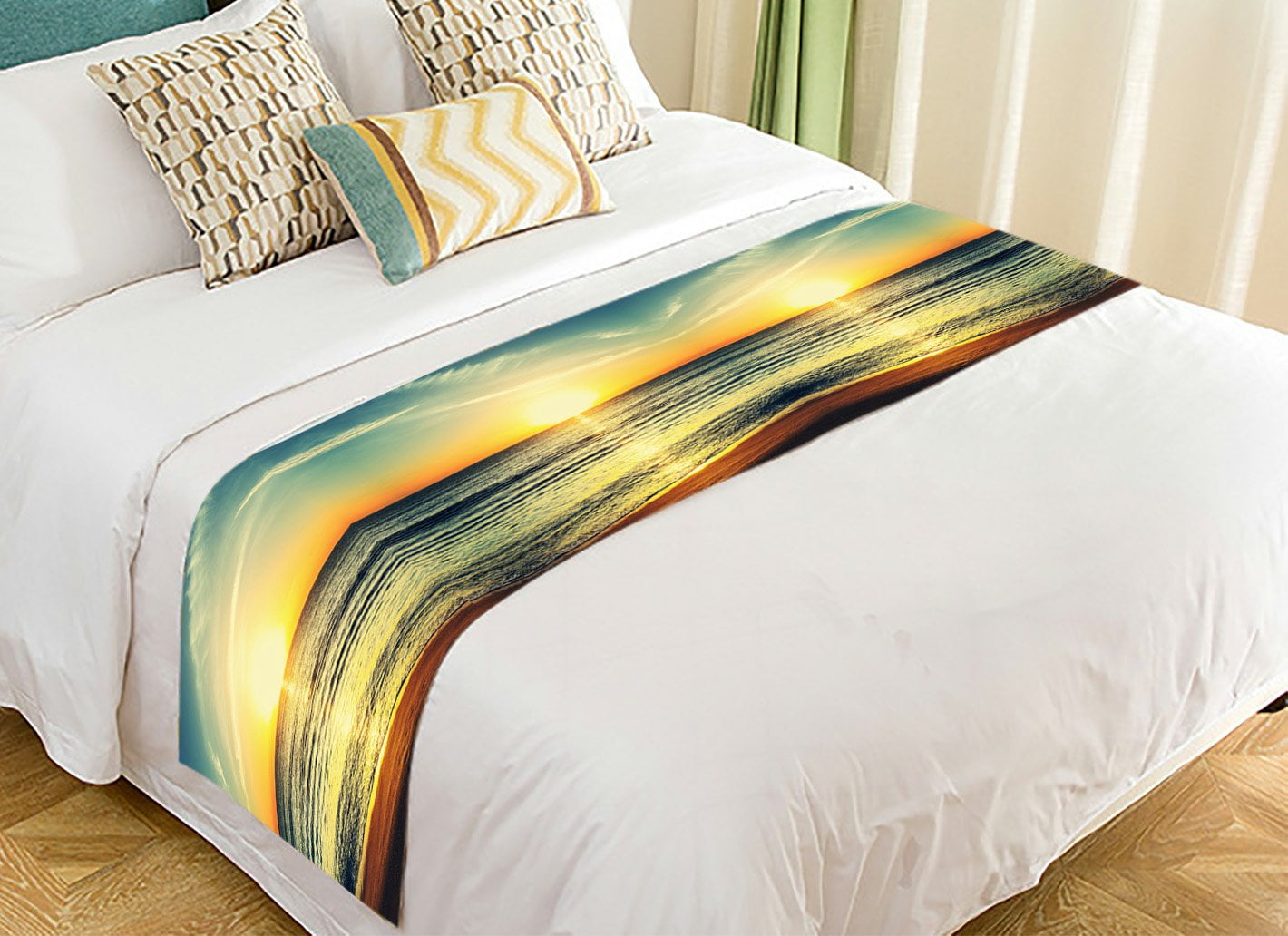 GCKG Seascape Bed Runner, Summer Ocean Beach with Sunset Sea Waves Bed ...