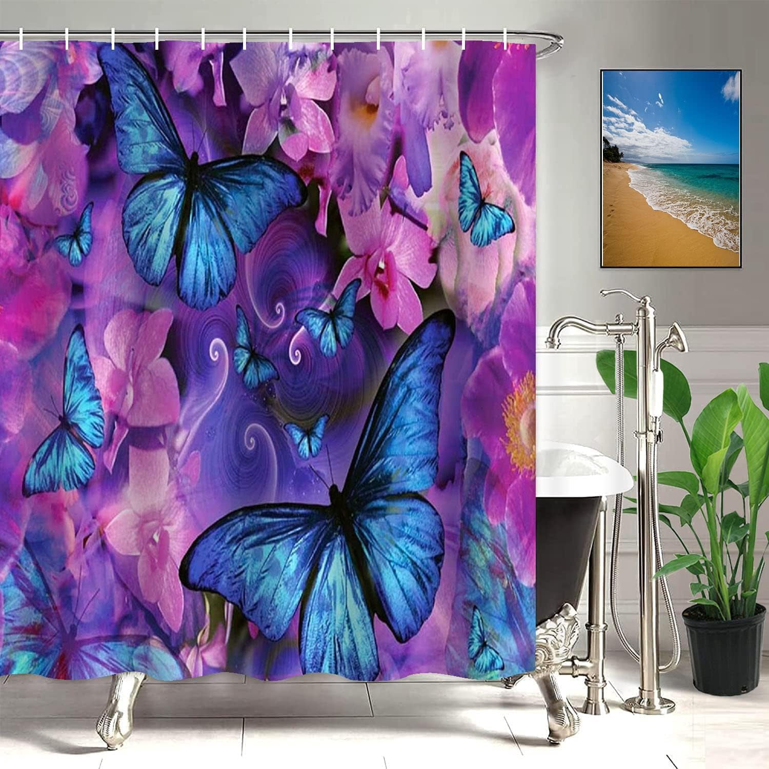 Bathroom Sets with Shower Curtain and Rugs, Toilet Lid Cover, Bath Mat, 4PCS Purple Rose Butterfly Shower Curtains for Bathroom, Romantic Flower Shower Curtains Set for Bathroom Decor