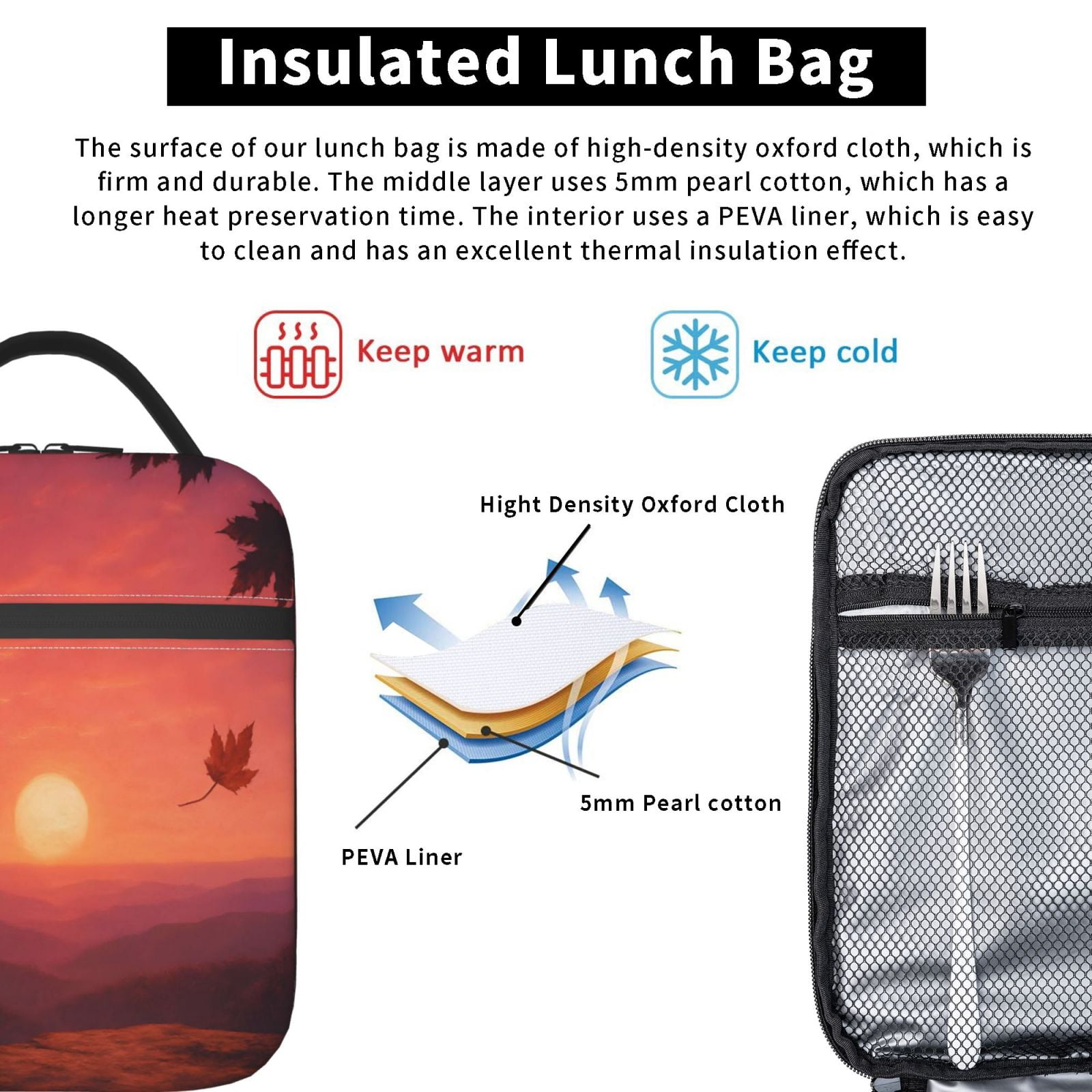 Lunch Bag For Women Men Insulated Portable Lunch Box Bento Box Office Picnic Travel Cooler Bag Autumn Sunset