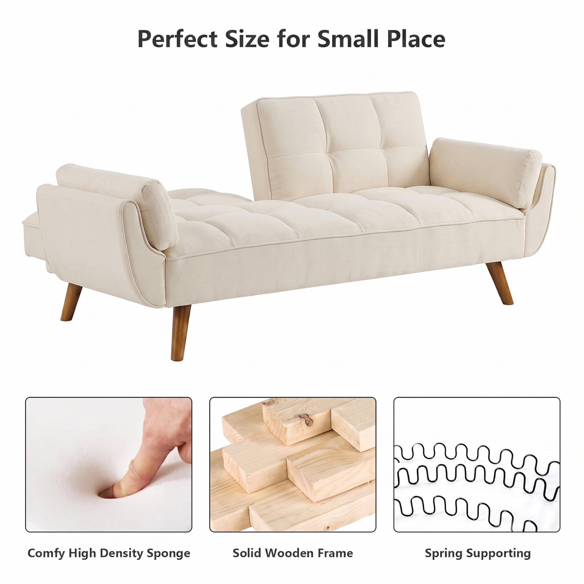 Aukfa 75" Pillow Top Arm Futon Convertible Sofa Bed, Tufted Loveseat Sleeper Couch for Home Office, Linen, Beige