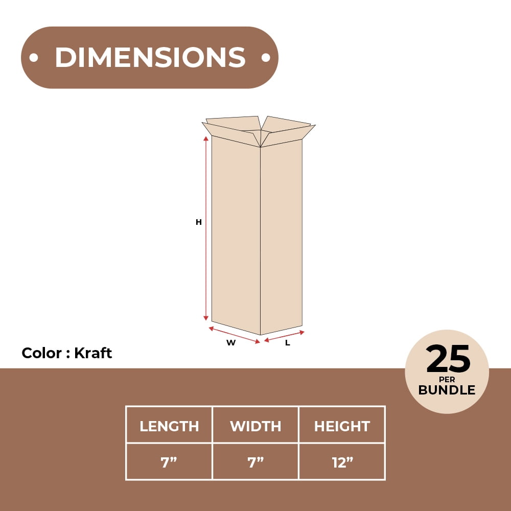 7 x 7 x 12" Tall Corrugated Boxes, ECT-32 Brown Shipping/Moving Boxes 25 Boxes