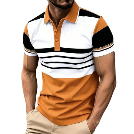 Wrtxtat Golf Shirt for Men Striped Color Block Short Sleeve Workout Tee Tops Summer Active Bowling Baseball T-Shirts Big and Tall Orange XL