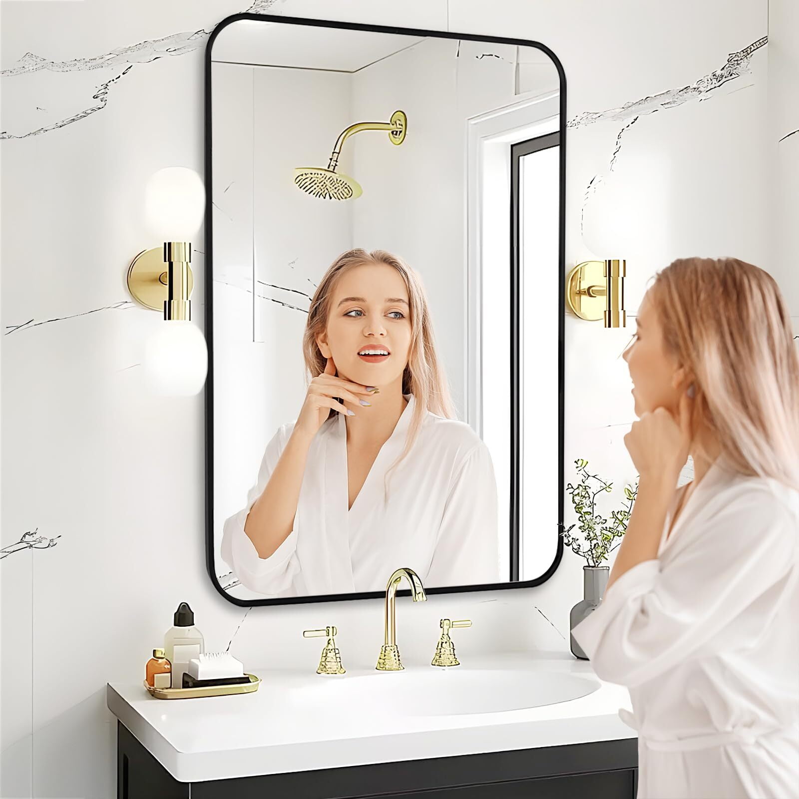 Lumora Big Bathroom Mirror - 38"x 26.2" Wall- Mounted Mirror with Round Edge, Large Rectangular Vanity Black