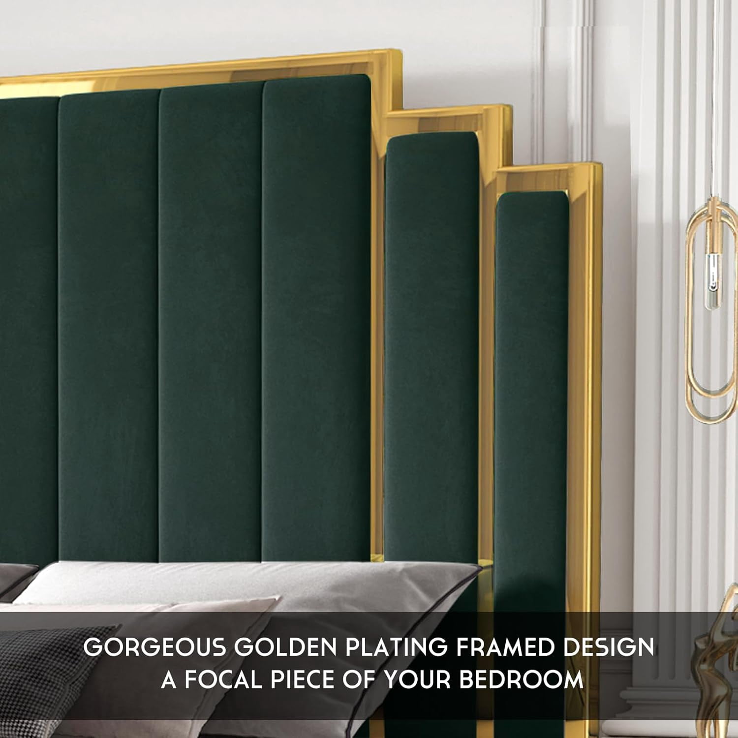Merluxy King Size Bed Frame and 61" Headboard, Upholstered Bed with Golden Plating Trim, Modern Platform Bed No Box Spring Needed, Green