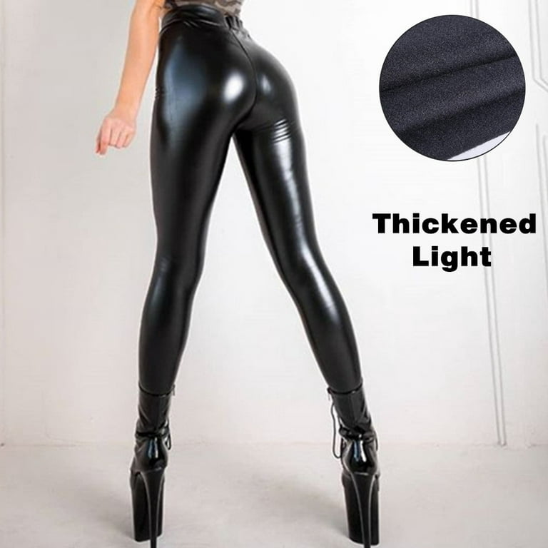 Ladies High Waist Black Faux Leather Leggings Wet Look Shiny Stretchy Tight  Pant 