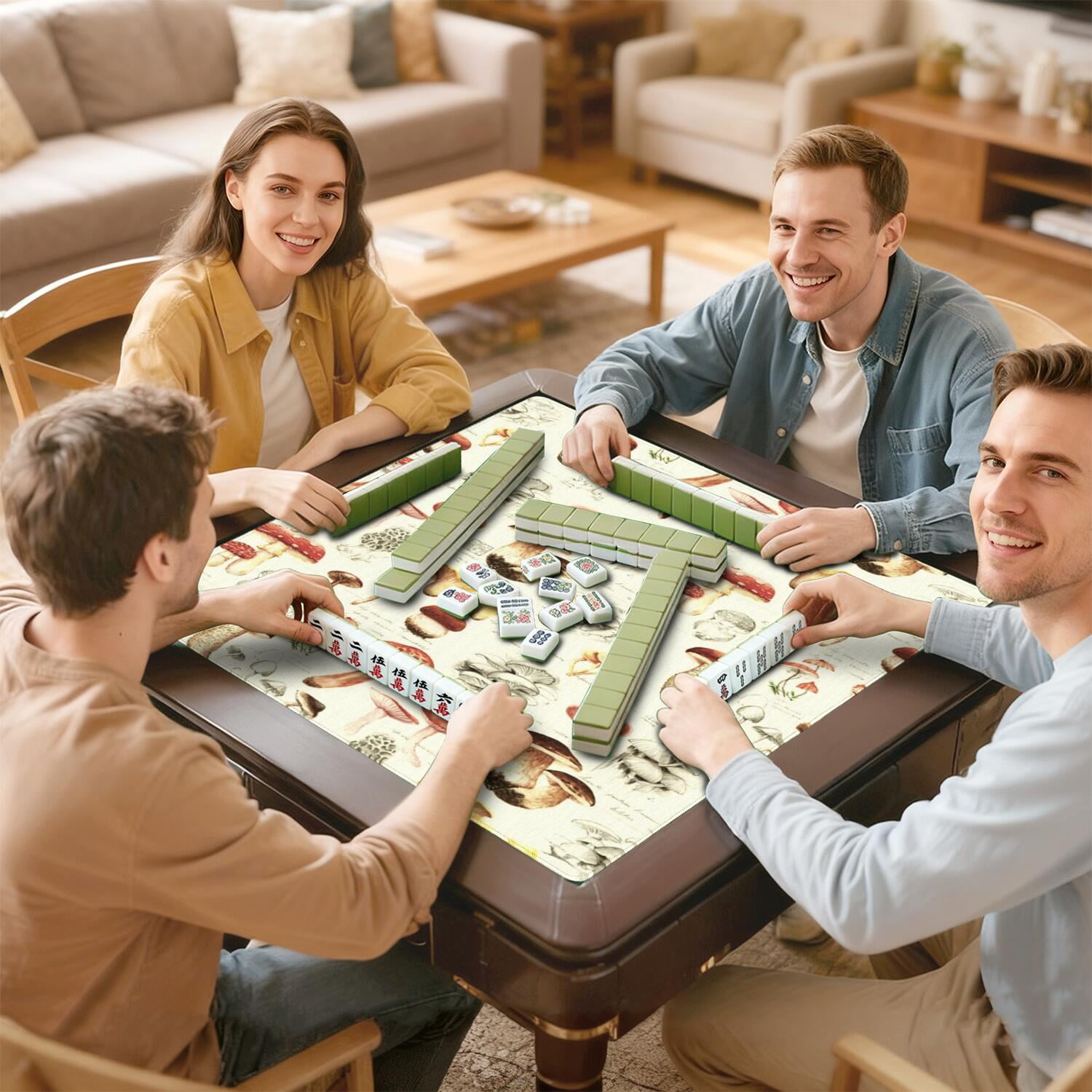 31.5 Inch Square Plants Design Mahjong Mat Constructed from Durable Rubber with Anti-Slip Non-Slip Grip and Noise Reducing Properties for Board Games